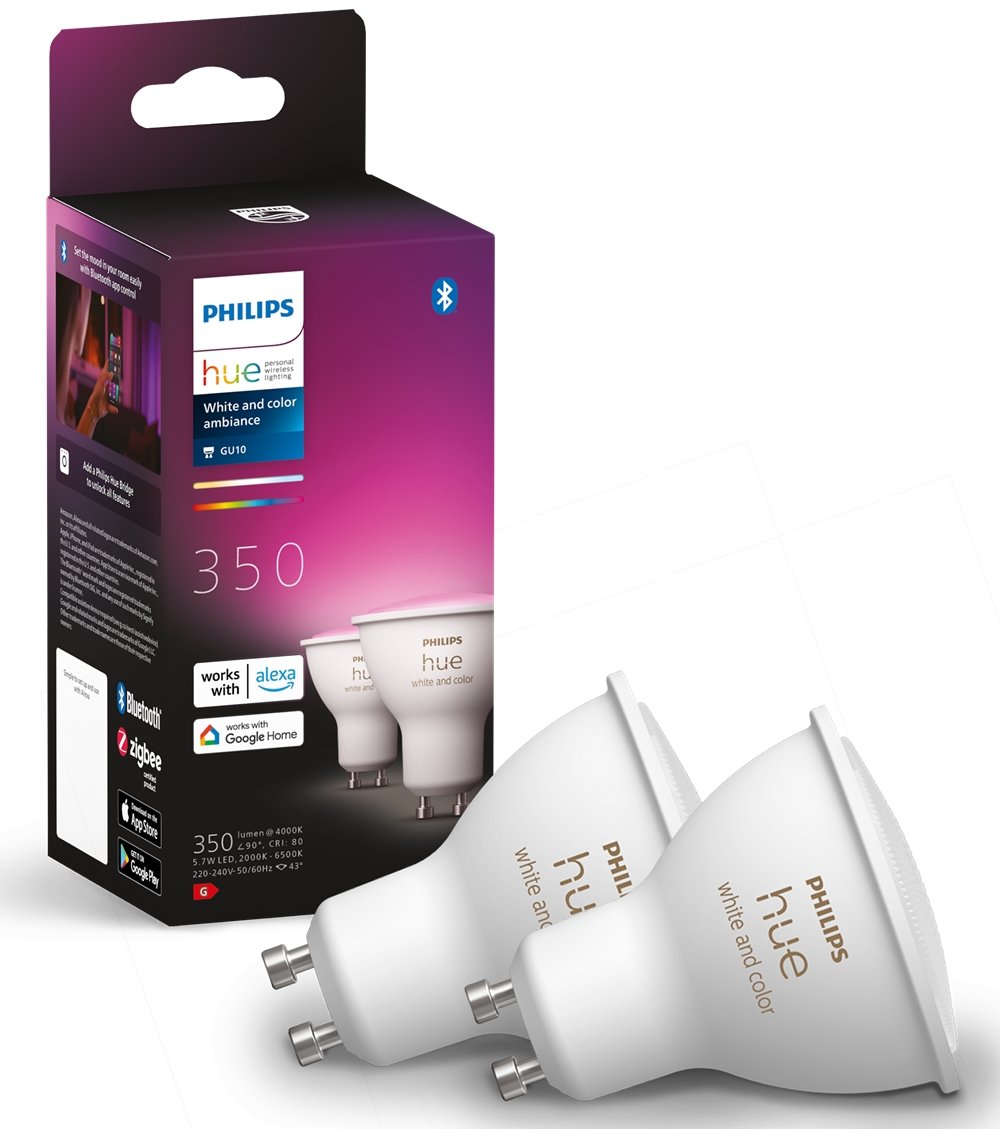 Лампа умная Philips Hue GU10, 5.7W(50Вт), 2000K-6500K, RGB, ZigBee, Bluetooth, диммирование, 2шт - фото 1 - samsungshop.com.ua