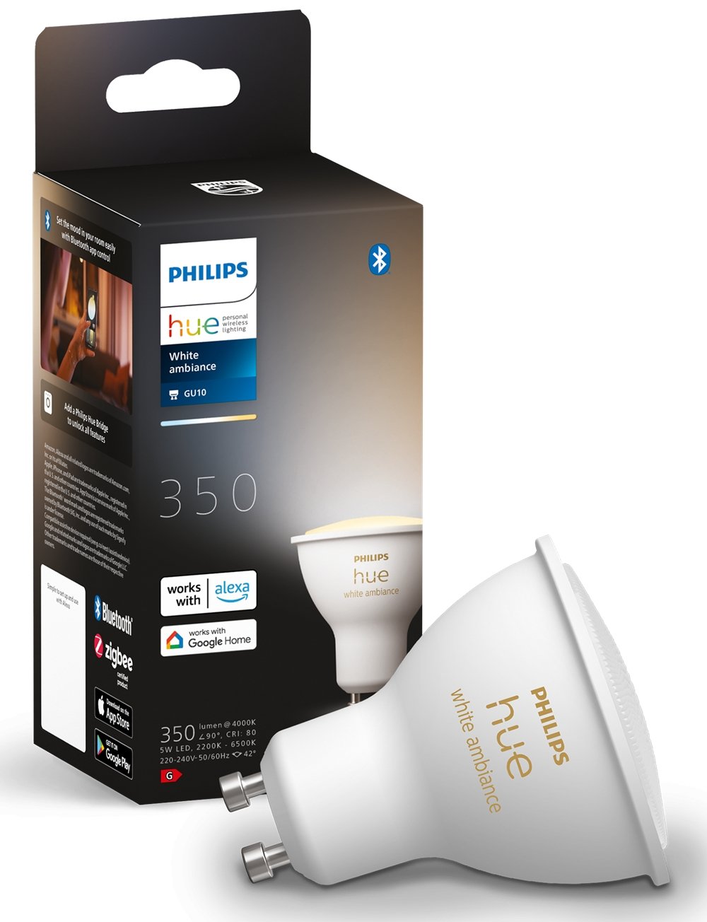 Лампа розумна Philips Hue GU10, 5W(50Вт), 2200K-6500K, Tunable white, ZigBee, Bluetooth, димування - фото 1 - samsungshop.com.ua