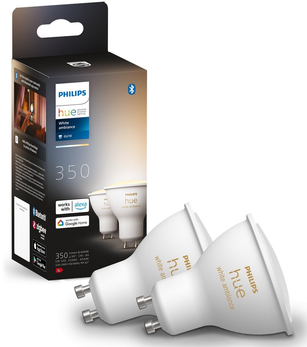 Лампа умная Philips Hue GU10, 5W(50Вт), 2200K-6500K, Tunable white, ZigBee, Bluetooth, DIM, 2 шт - фото 1 - samsungshop.com.ua