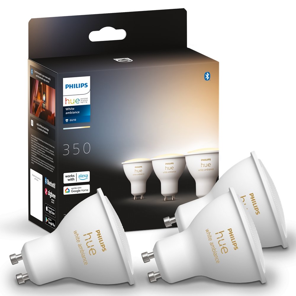 Лампа розумна Philips Hue GU10, 5W(50Вт), 2200K-6500K, Tunable white, ZigBee, Bluetooth, DIM, 3 шт - фото 1 - samsungshop.com.ua
